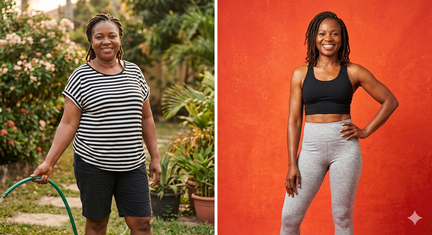 Demi F.O. — before and after dropping 26kg with the Stress-Storage Reset